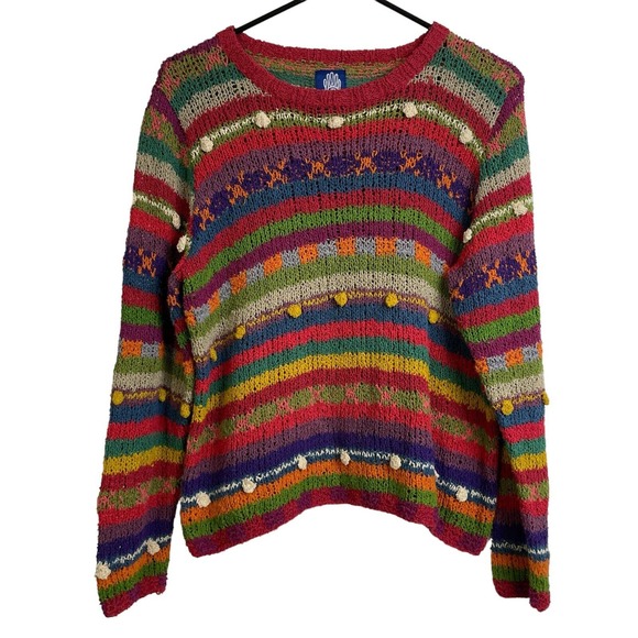 Amanda Rose Collection Sweaters - Amana Sweater Medium Womens Pullover Pink Green Chunky Colorful Striped Pom